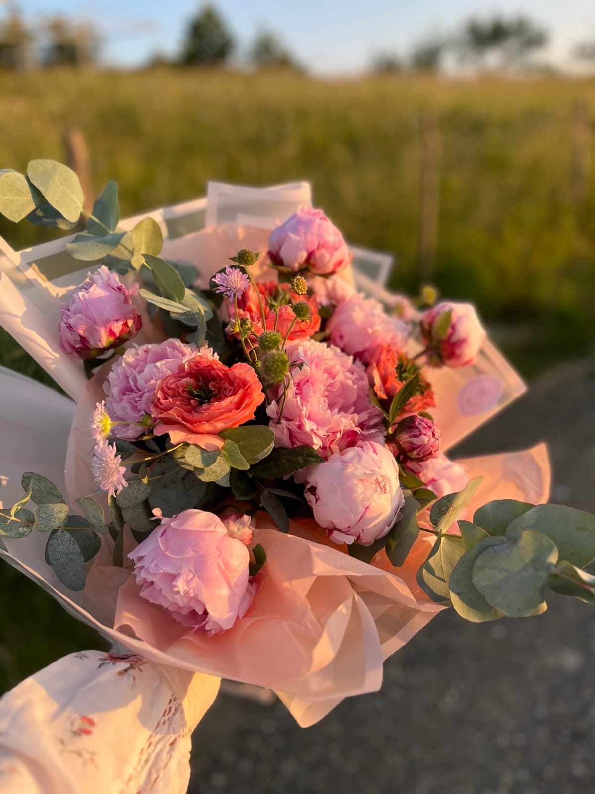Buchet de bujori roz și trandafiri coral, ținut deasupra unei pajiști la apus